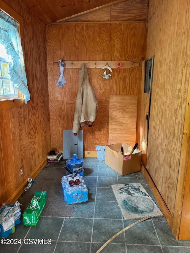 interior space with lofted ceiling, wood walls, and wood ceiling