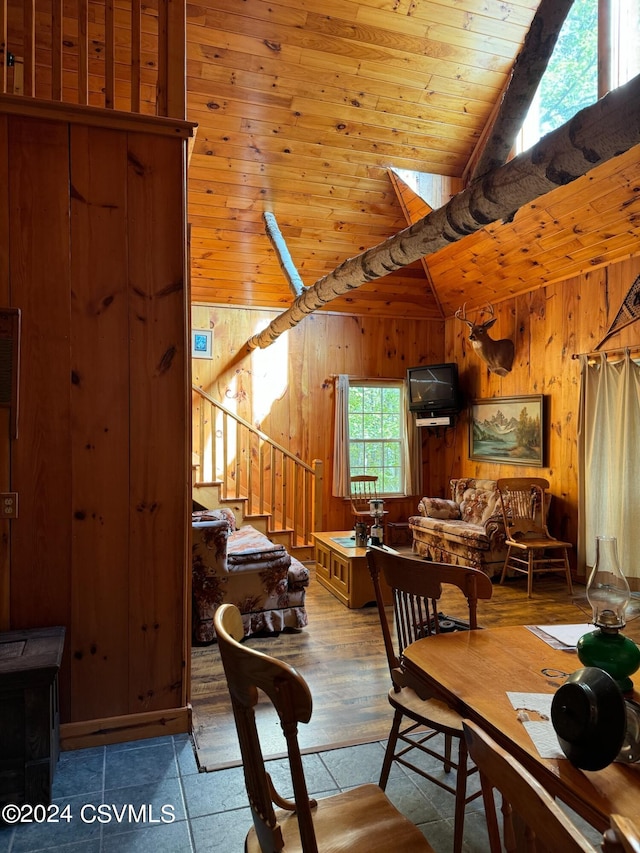 dining room with wood walls, wooden ceiling, and vaulted ceiling