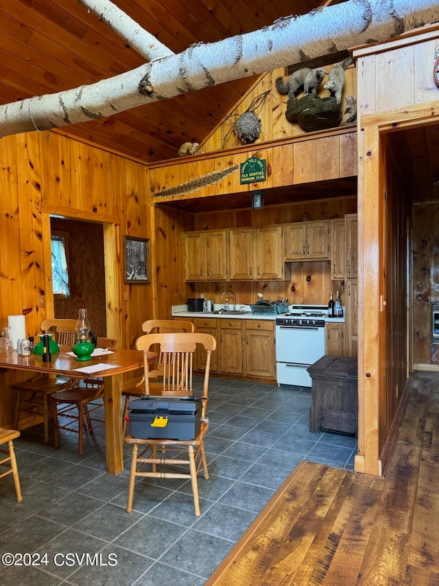 kitchen with lofted ceiling, wood walls, white stove, and wooden ceiling