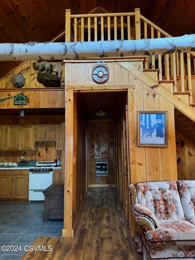 Simonds Hill Ln, Tioga, PA 16946 - hall with vaulted ceiling, wood walls, heating unit, and a sink