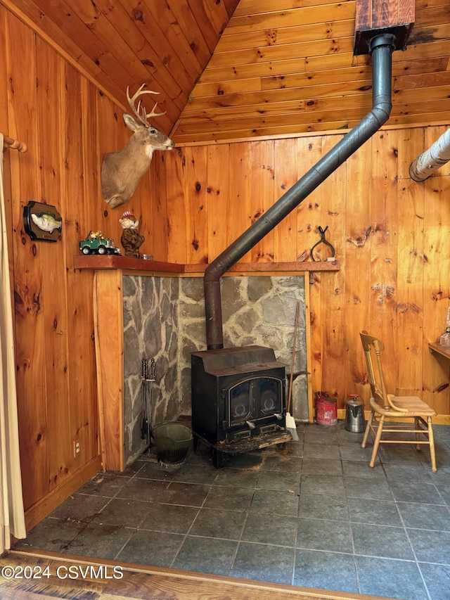 Simonds Hill Ln, Tioga, PA 16946 - interior space with wood ceiling, wood walls, and a wood stove