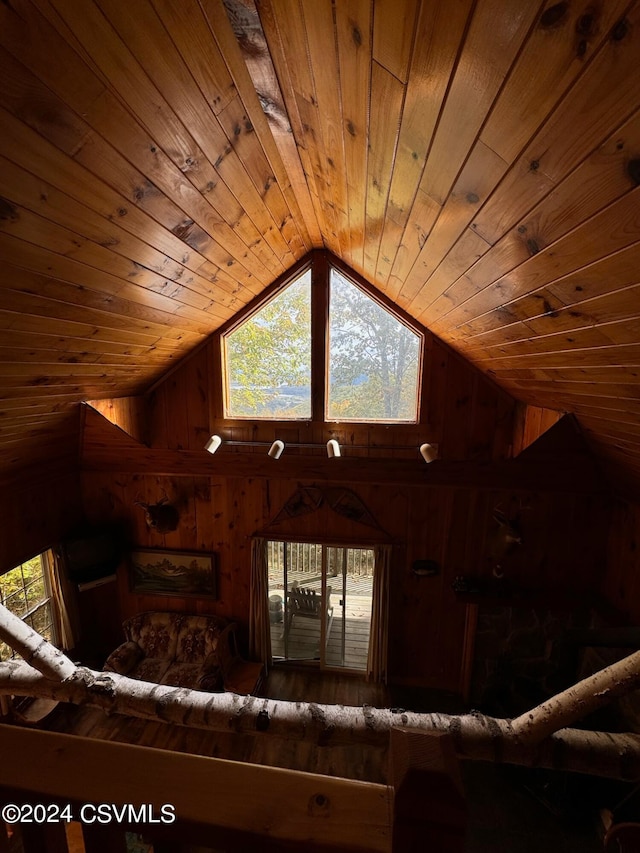 room details with wood ceiling and wooden walls