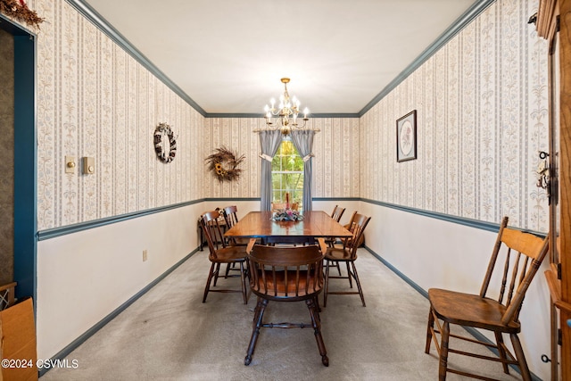 carpeted dining room with ornamental molding and an inviting chandelier