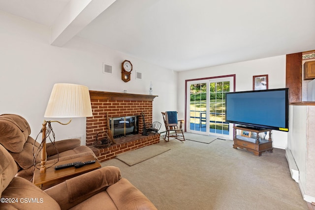 carpeted living room featuring a baseboard heating unit, a brick fireplace, and beam ceiling