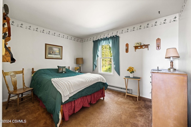 bedroom featuring a baseboard radiator and dark carpet