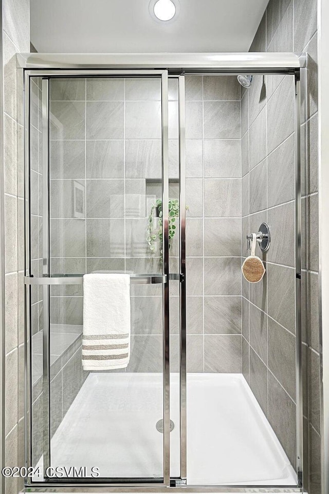 bathroom with a shower with shower door