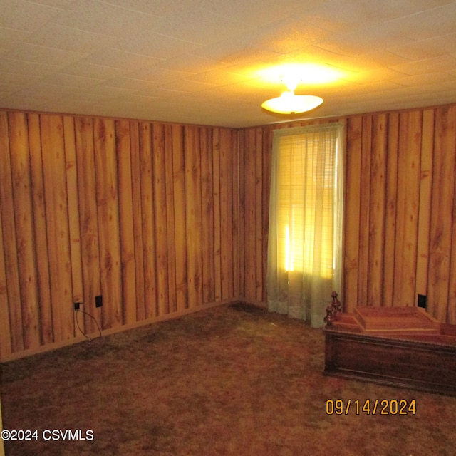 unfurnished room featuring dark carpet and wooden walls