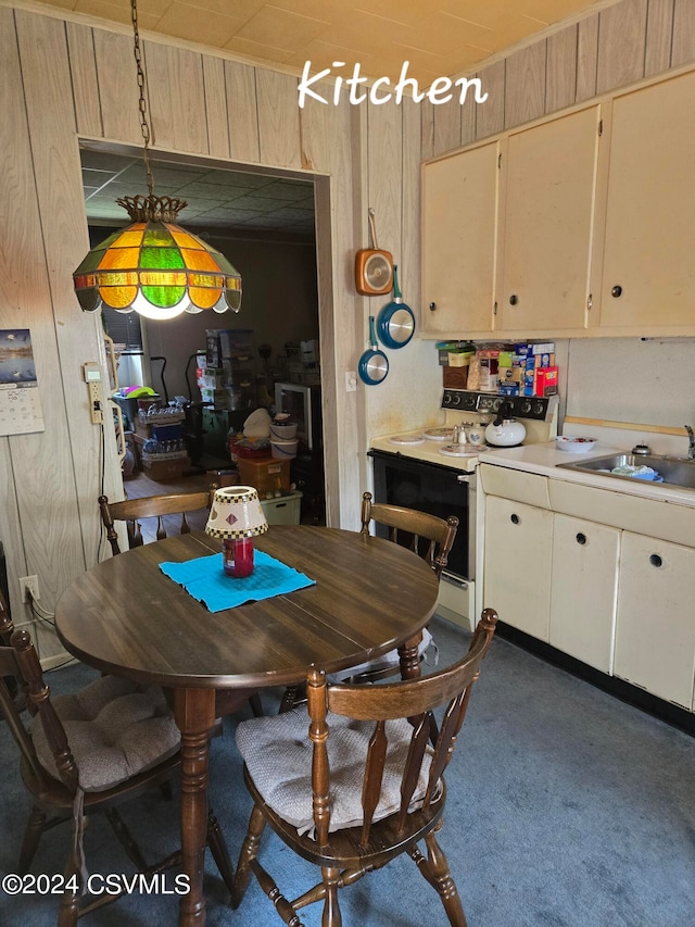 dining room featuring sink and dark colored carpet