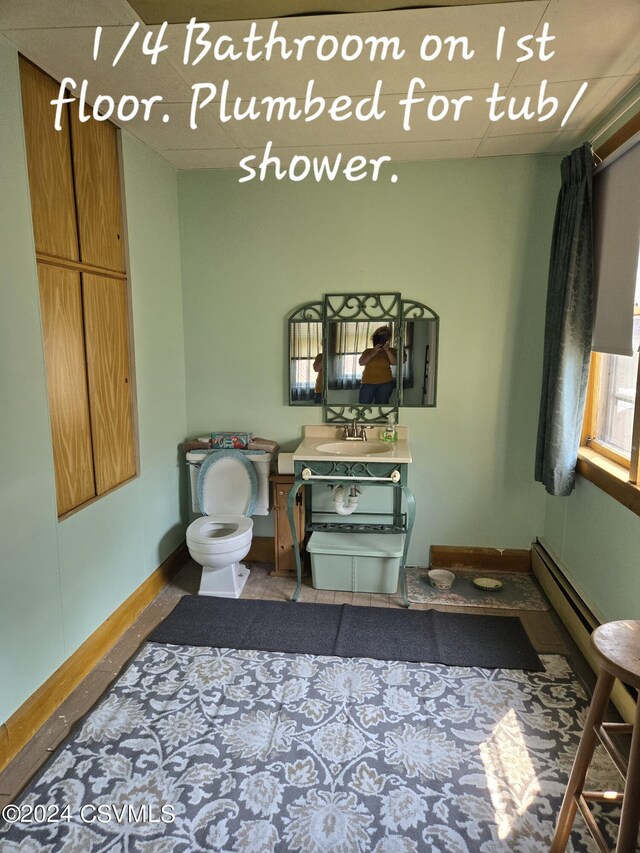 interior space featuring vanity, toilet, and a baseboard radiator