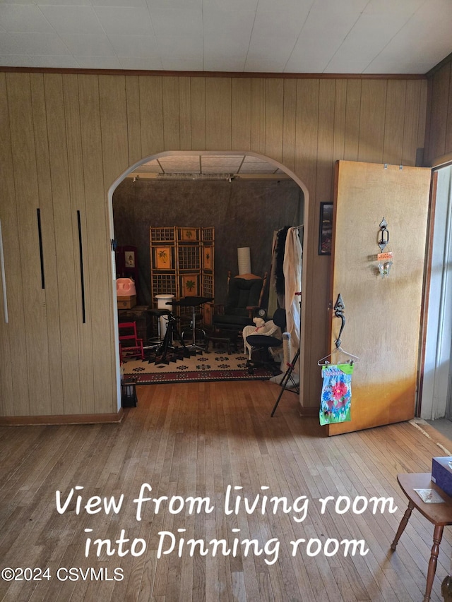 interior space featuring wood walls and hardwood / wood-style floors