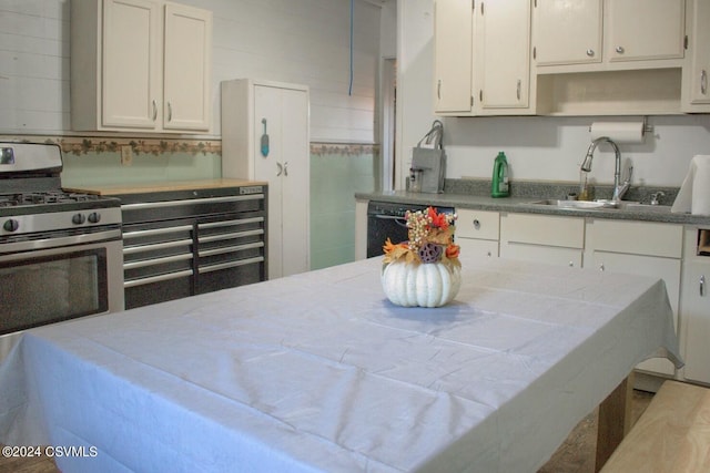 kitchen with decorative backsplash, white cabinets, dishwasher, gas range, and sink