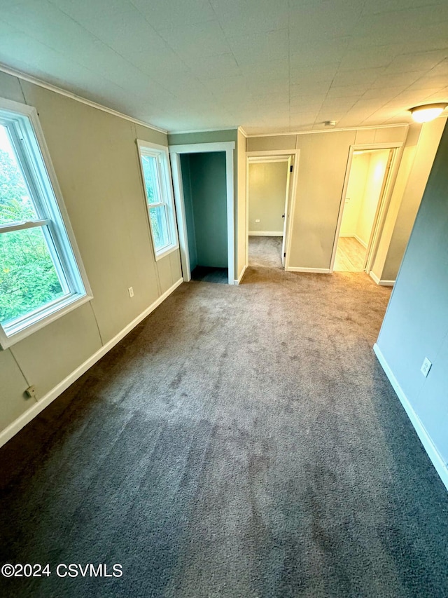 unfurnished bedroom featuring ornamental molding and carpet