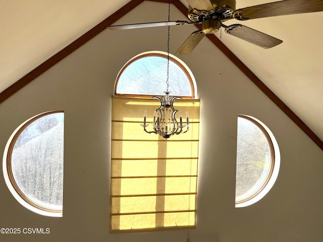 details with ceiling fan with notable chandelier