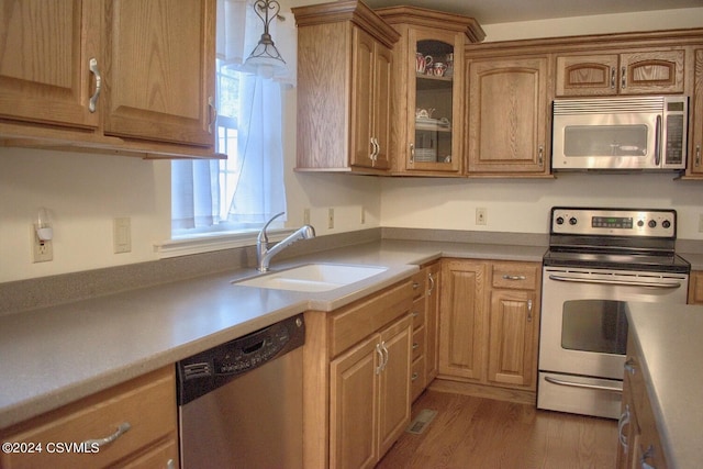 kitchen with stainless steel appliances, decorative light fixtures, hardwood / wood-style floors, and sink