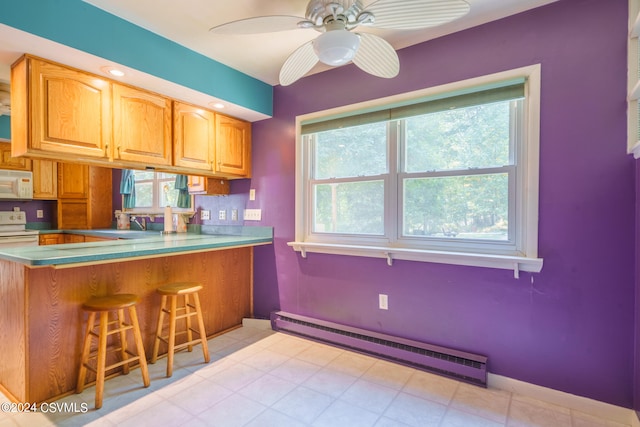 kitchen featuring a healthy amount of sunlight, white appliances, and baseboard heating