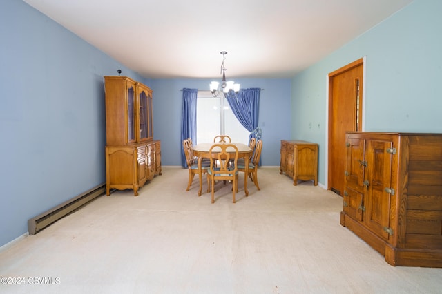 dining space with light carpet, a baseboard heating unit, and a chandelier