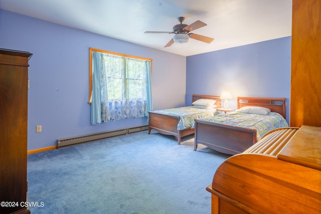 carpeted bedroom with ceiling fan and baseboard heating