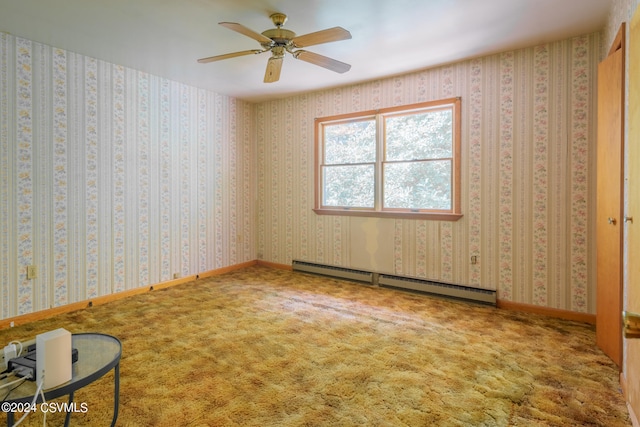 unfurnished bedroom featuring carpet flooring, ceiling fan, and a baseboard radiator