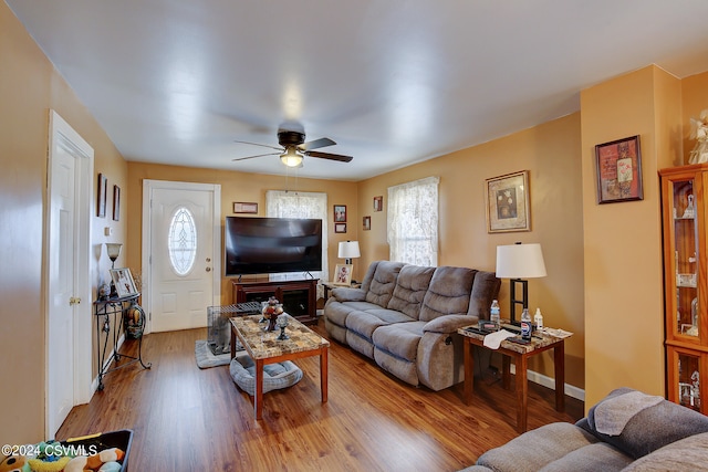 living room featuring ceiling fan, hardwood / wood-style floors, and a healthy amount of sunlight