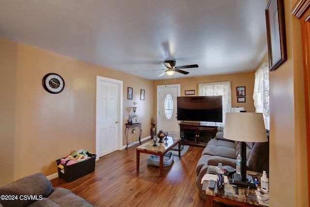 living room with ceiling fan and hardwood / wood-style flooring