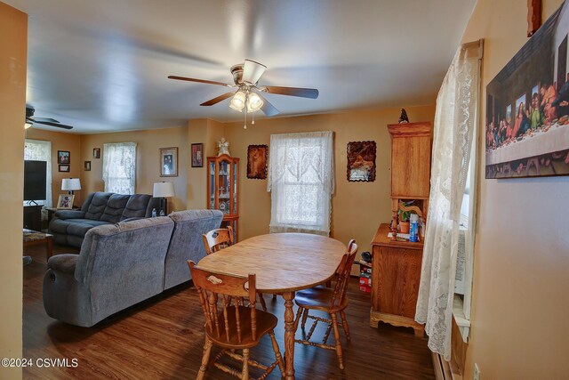 dining room with ceiling fan and dark hardwood / wood-style floors