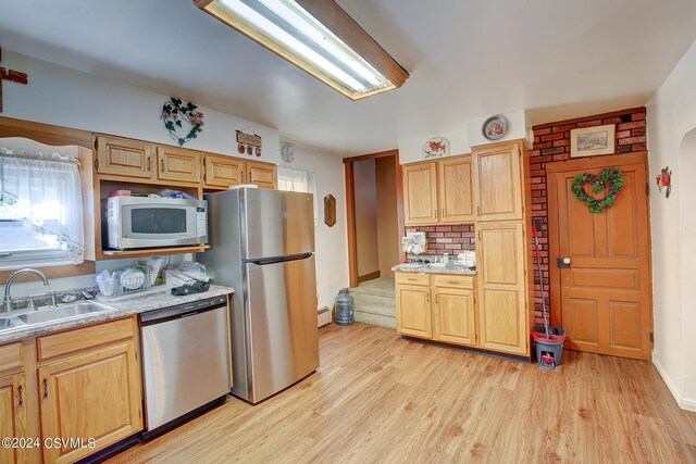 kitchen with backsplash, light hardwood / wood-style floors, sink, and stainless steel appliances