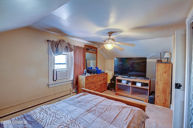 bedroom featuring ceiling fan, lofted ceiling, and a baseboard heating unit