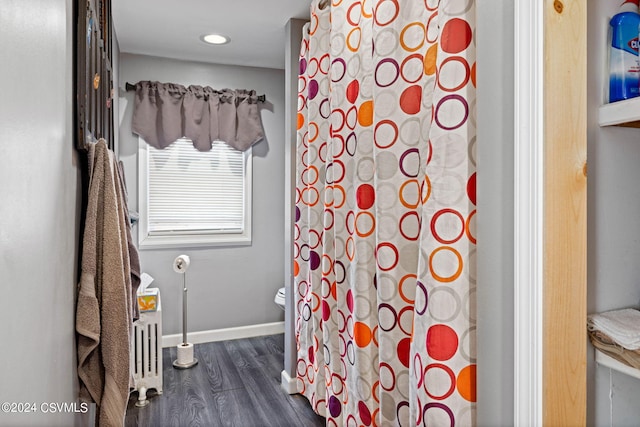 bathroom featuring wood-type flooring, a shower with curtain, and toilet