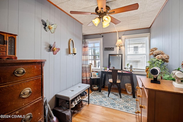 office space with ornamental molding, light wood-type flooring, ceiling fan, and wooden walls