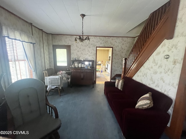 1442 Hemlock St, Coal Township, PA 17866 - living area with wallpapered walls, carpet flooring, and stairs