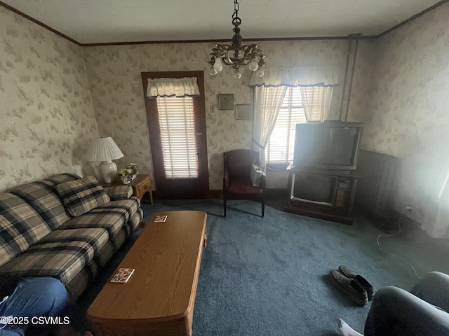 1442 Hemlock St, Coal Township, PA 17866 - living room with crown molding, carpet, and a chandelier