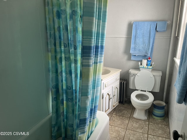 1442 Hemlock St, Coal Township, PA 17866 - bathroom featuring shower / bathtub combination with curtain, toilet, tile patterned flooring, radiator, and vanity