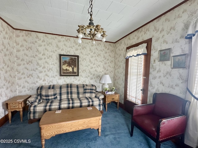 1442 Hemlock St, Coal Township, PA 17866 - carpeted living room with ornamental molding, a chandelier, and wallpapered walls