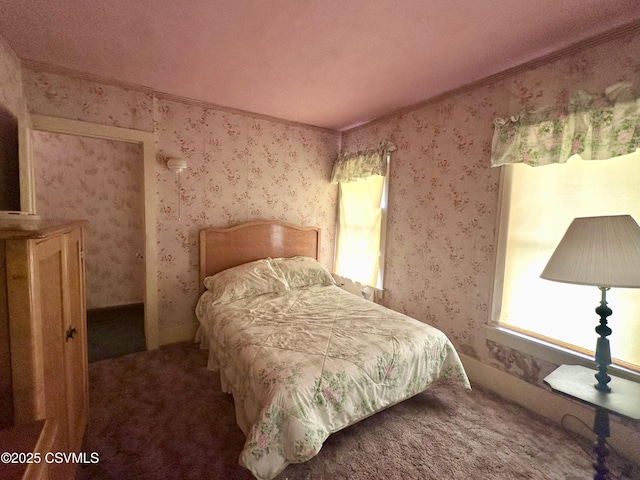 1442 Hemlock St, Coal Township, PA 17866 - bedroom with wallpapered walls, multiple windows, carpet, and ornamental molding
