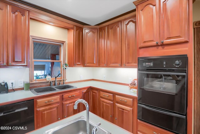 kitchen with dishwasher, dobule oven black, a sink, light countertops, and a warming drawer