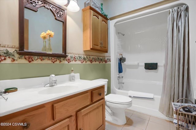 full bath featuring toilet, tile patterned floors, shower / bathtub combination with curtain, and vanity