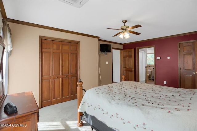 bedroom with crown molding, visible vents, ceiling fan, and light carpet