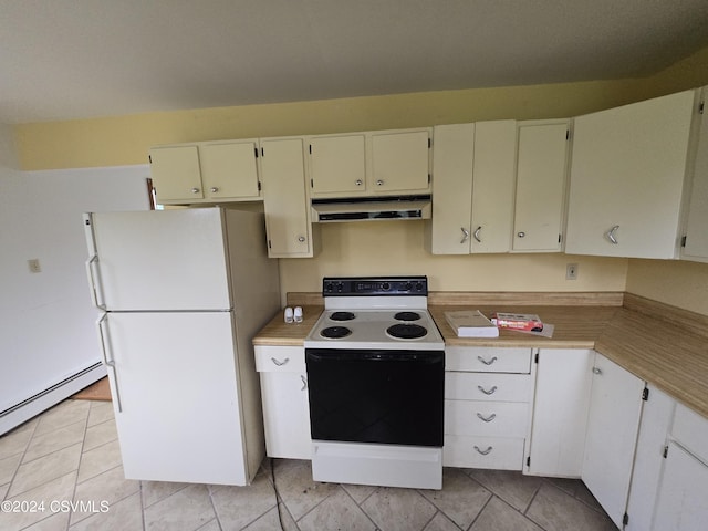 kitchen featuring baseboard heating, white appliances, light countertops, light tile patterned floors, and under cabinet range hood