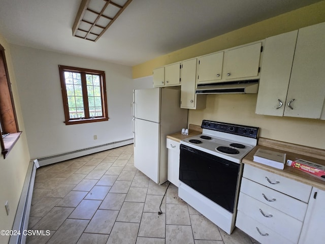 kitchen featuring white appliances, baseboard heating, light countertops, a baseboard heating unit, and under cabinet range hood