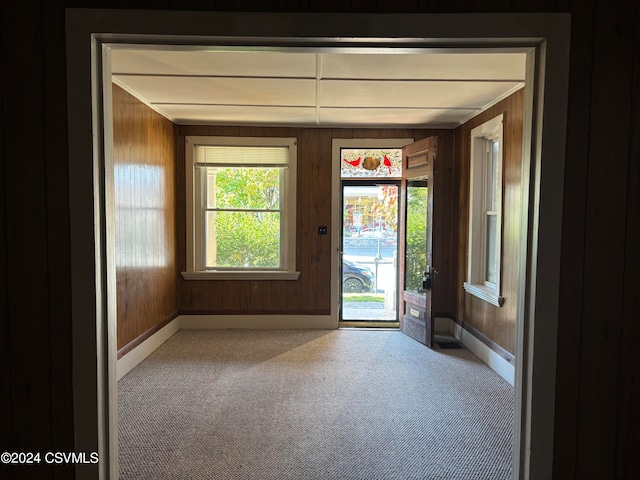 doorway with wooden walls, carpet, and baseboard heating