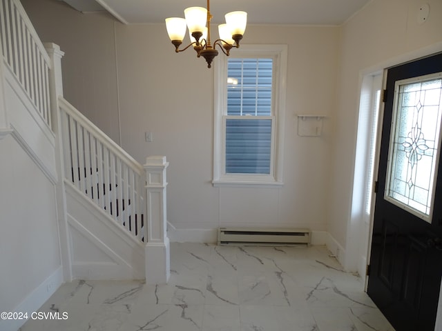 foyer entrance with a notable chandelier and a baseboard radiator