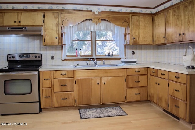 kitchen with electric range, light hardwood / wood-style floors, tasteful backsplash, and sink