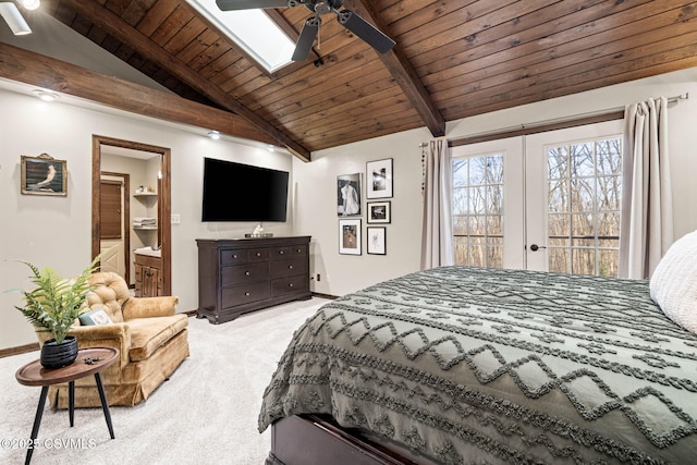 bedroom with light carpet, connected bathroom, wooden ceiling, vaulted ceiling with beams, and french doors