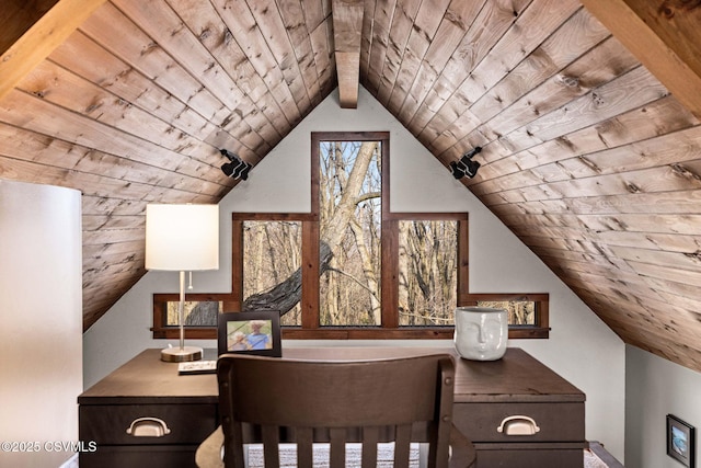 interior space featuring vaulted ceiling and wooden ceiling