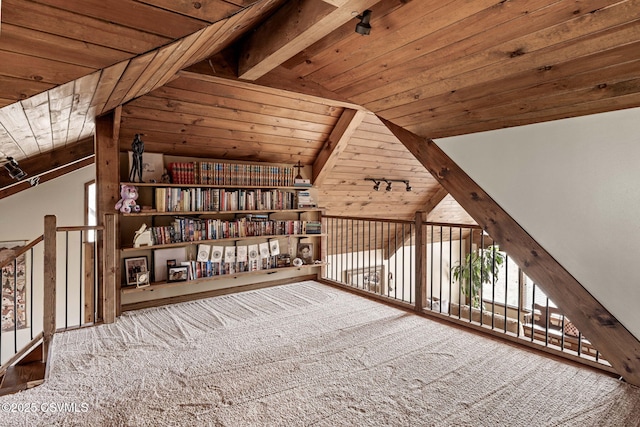 additional living space with carpet floors, wooden ceiling, and vaulted ceiling with beams