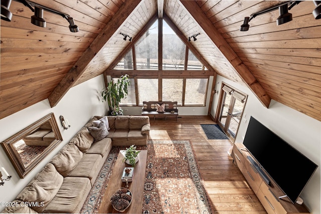 living area with lofted ceiling with beams, french doors, wood-type flooring, and wooden ceiling