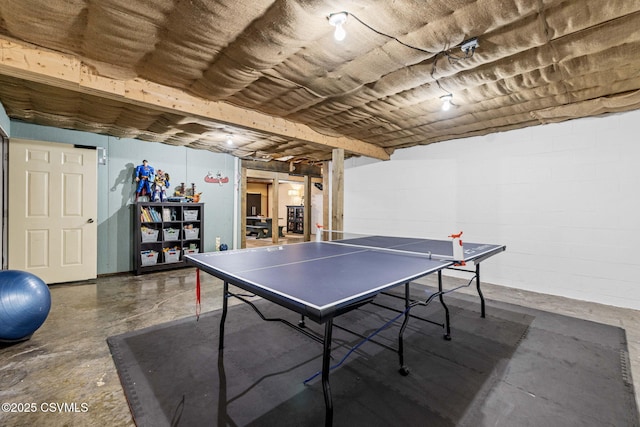 recreation room with concrete flooring and concrete block wall