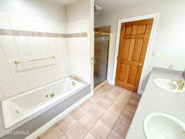 bathroom with vanity, tile patterned floors, and independent shower and bath