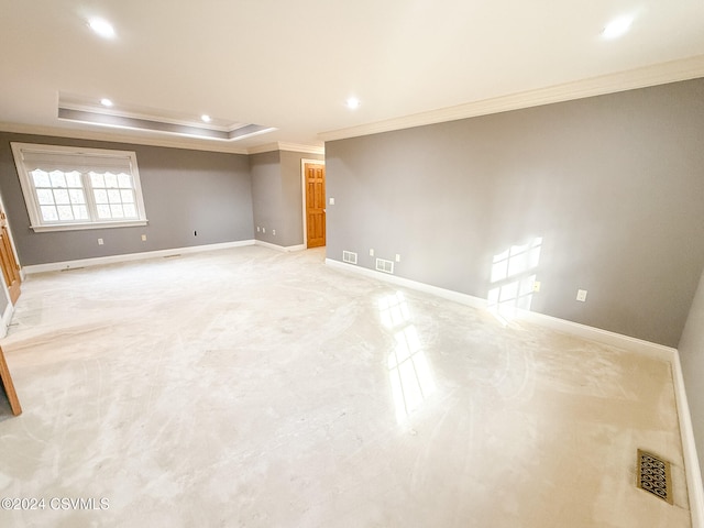 spare room with crown molding and a tray ceiling