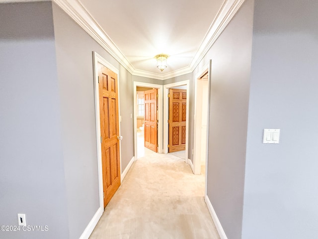 hall with light carpet and crown molding